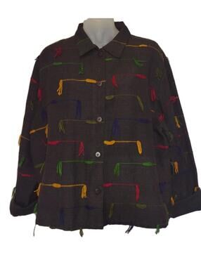 90s Embroidered Ribbed Cotton Jacket L Multicolor Yarn Tassels Lined Boho